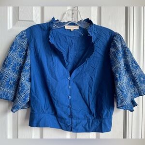 Solitaire Embroidered Flare Sleeve Cropped Blouse Womens Medium Cobalt Blue NWOT